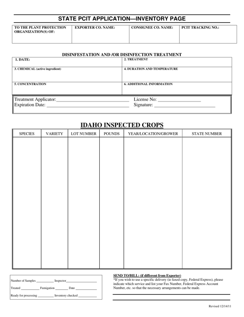 Inventory Page for State Phytosanitary Certificate - Idaho Download Pdf