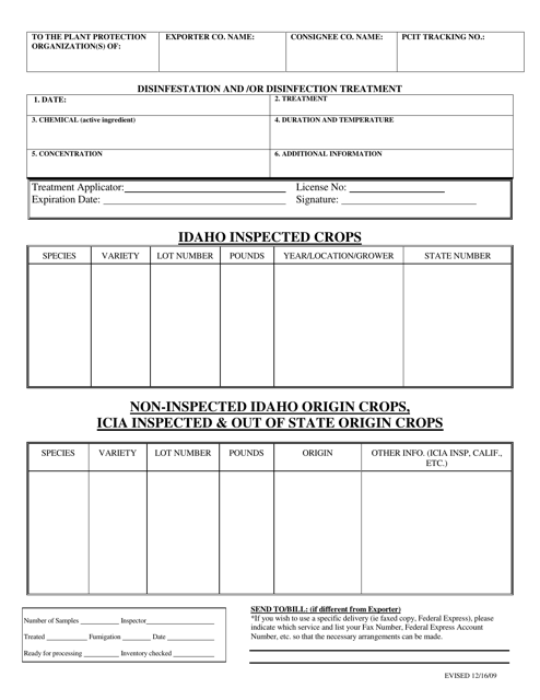 Inventory Page for Federal Phytosanitary Certificate - Idaho
