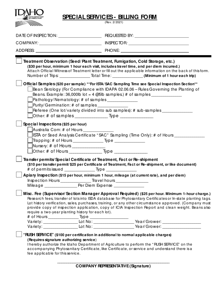 Special Services - Billing Form - Idaho, Page 1