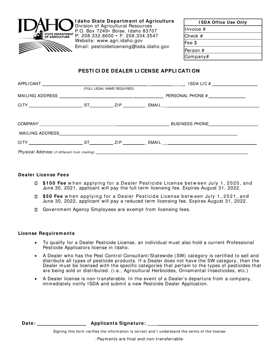 Pesticide Dealer License Application - Idaho, Page 1