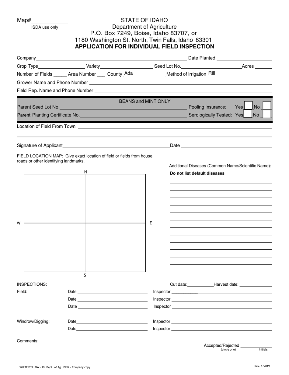 Application for Individual Field Inspection - Idaho, Page 1