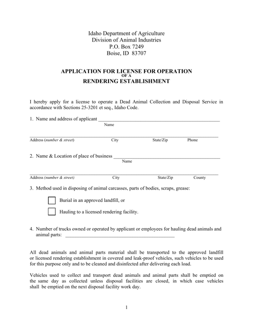 Application for License for Operation of a Rendering Establishment - Idaho Download Pdf