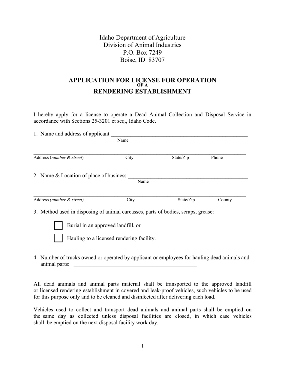 Application for License for Operation of a Rendering Establishment - Idaho, Page 1