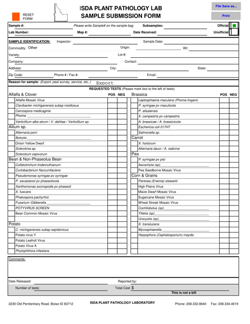 Isda Plant Pathology Lab Sample Submission Form - Idaho