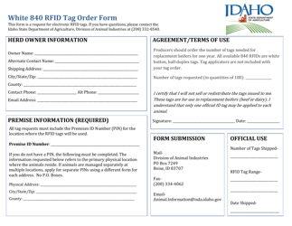 Document preview: White 840 Rfid Tag Order Form - Idaho