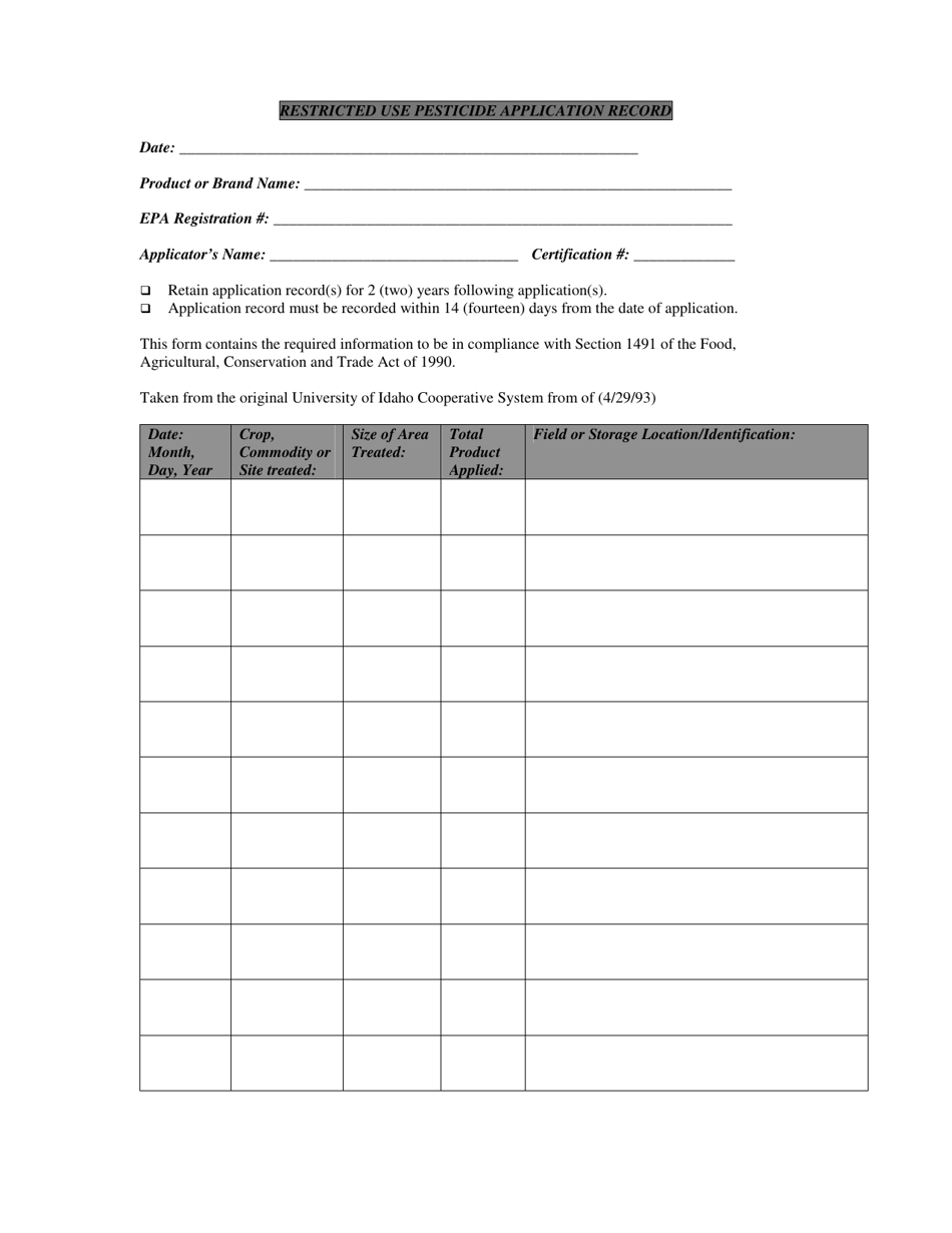 Idaho Restricted Use Pesticide Application Record Fill Out, Sign