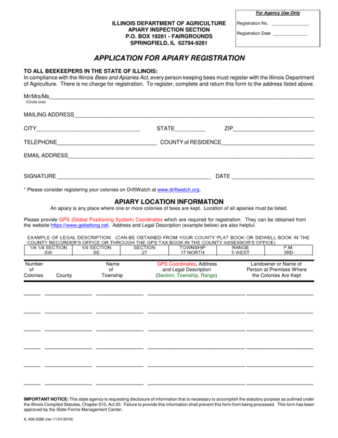 Form IL406-0286 Application for Apiary Registration - Illinois