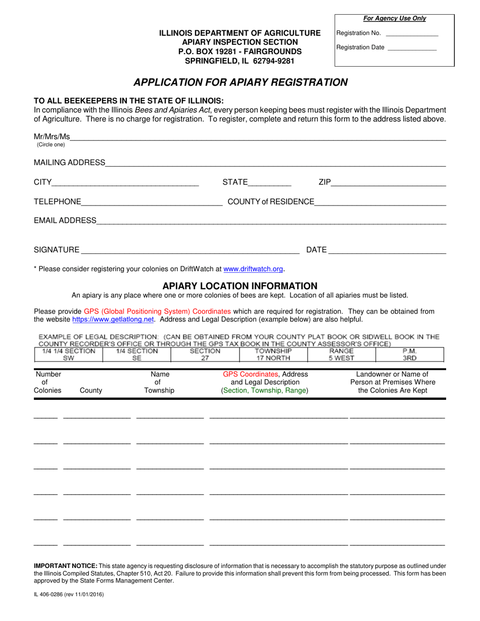 Form IL406-0286 Application for Apiary Registration - Illinois, Page 1
