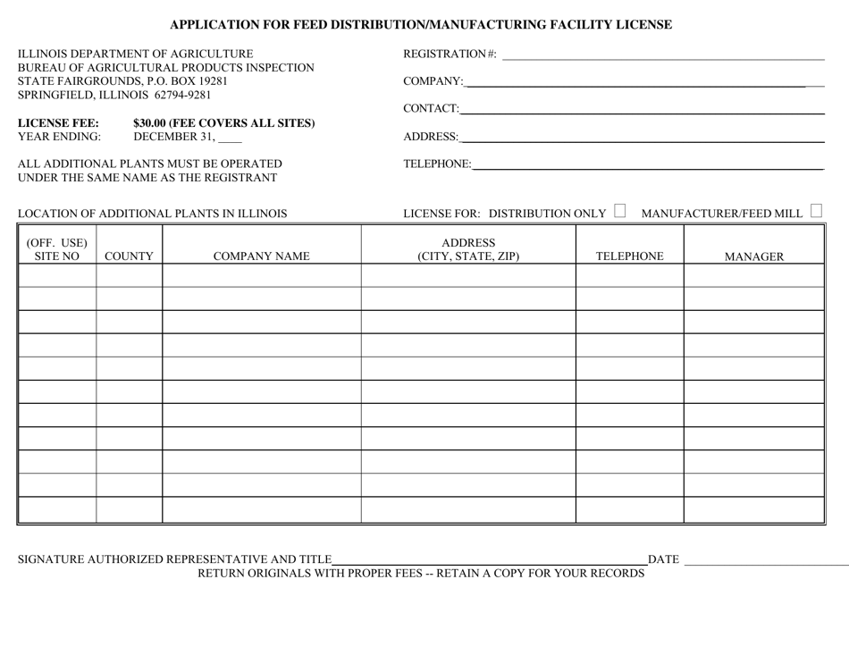 Application for Feed Distribution / Manufacturing Facility License - Illinois, Page 1