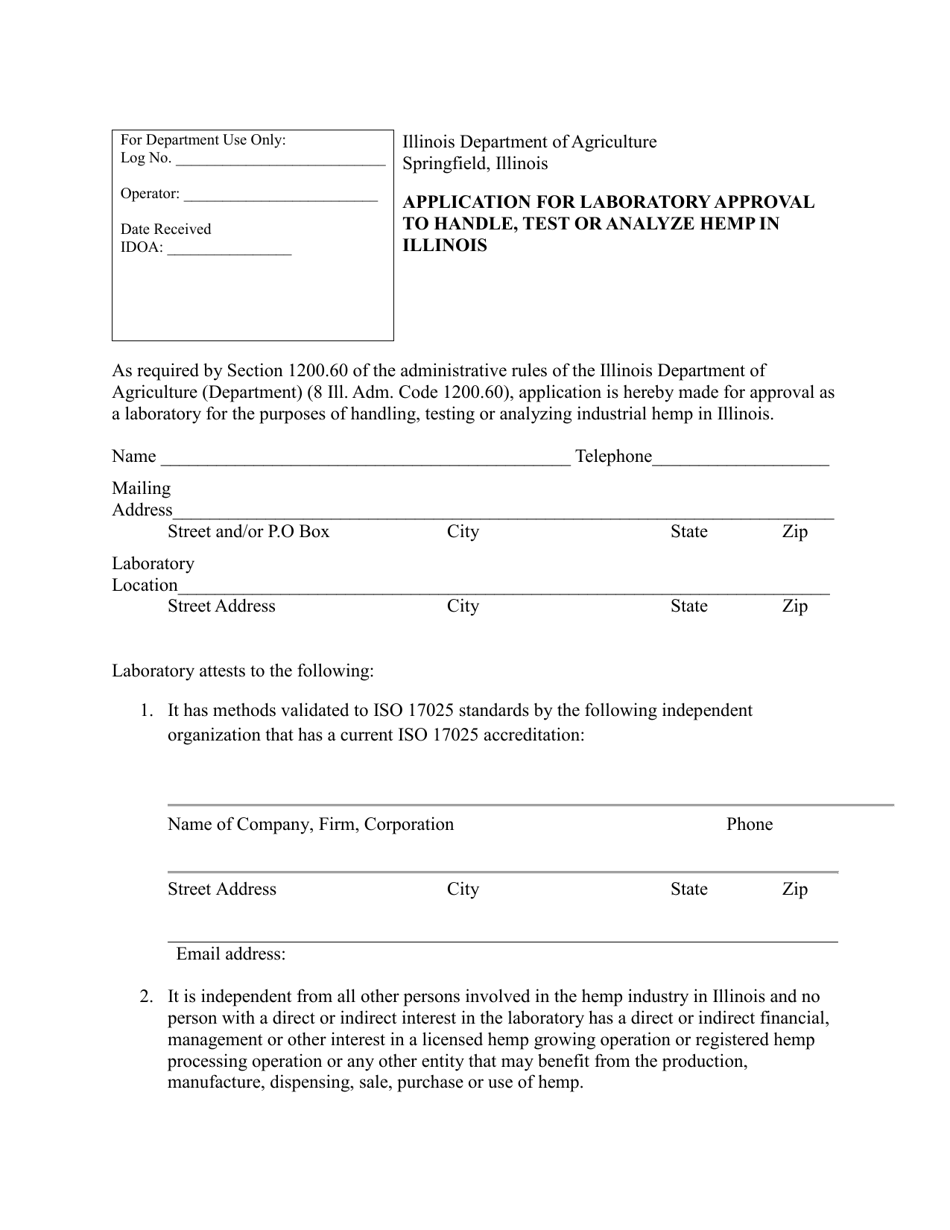 Application for Laboratory Approval to Handle, Test or Analyze Hemp in Illinois - Illinois, Page 1