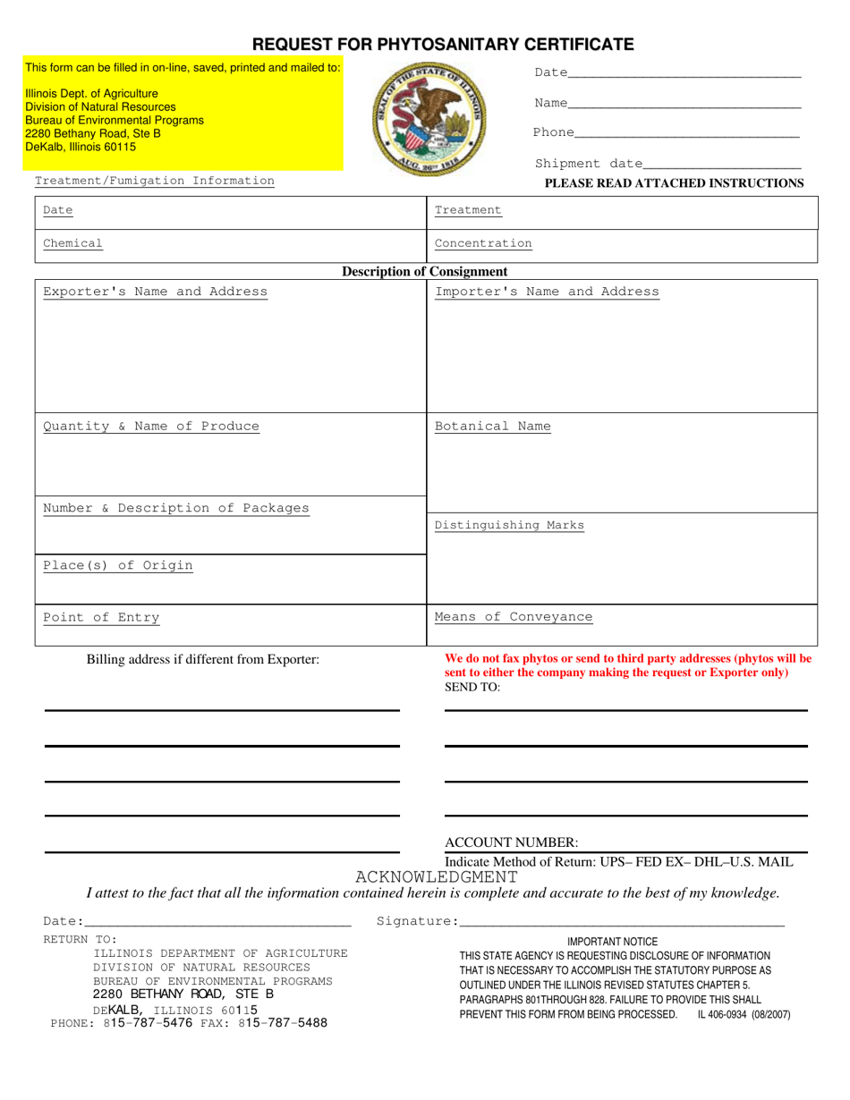 Form IL406-0934 Request for Phytosanitary Certificate - Illinois, Page 1