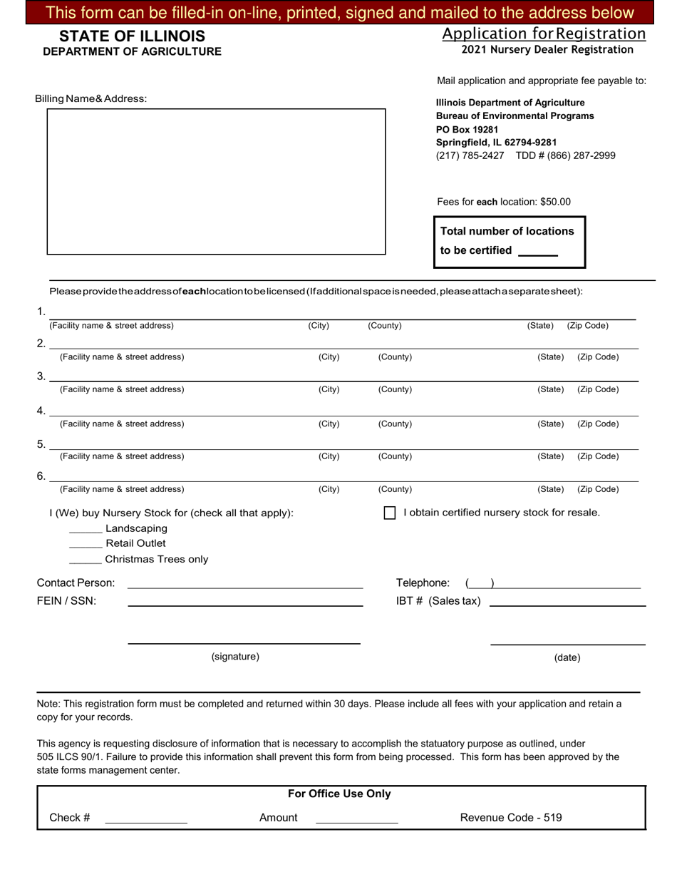 Application for Nursery Dealer Registration - Illinois, Page 1