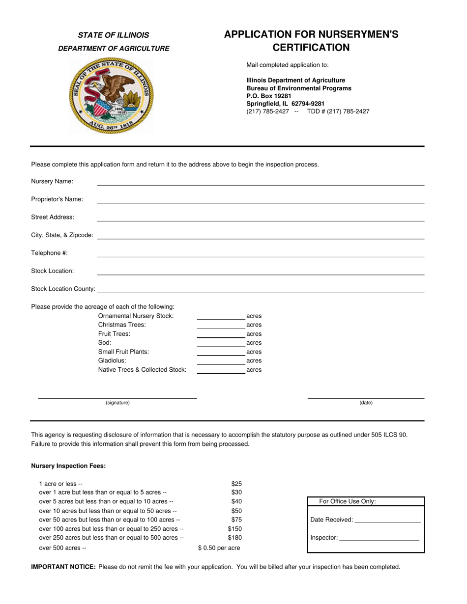 Application for Nurserymens Certification - Illinois, Page 1