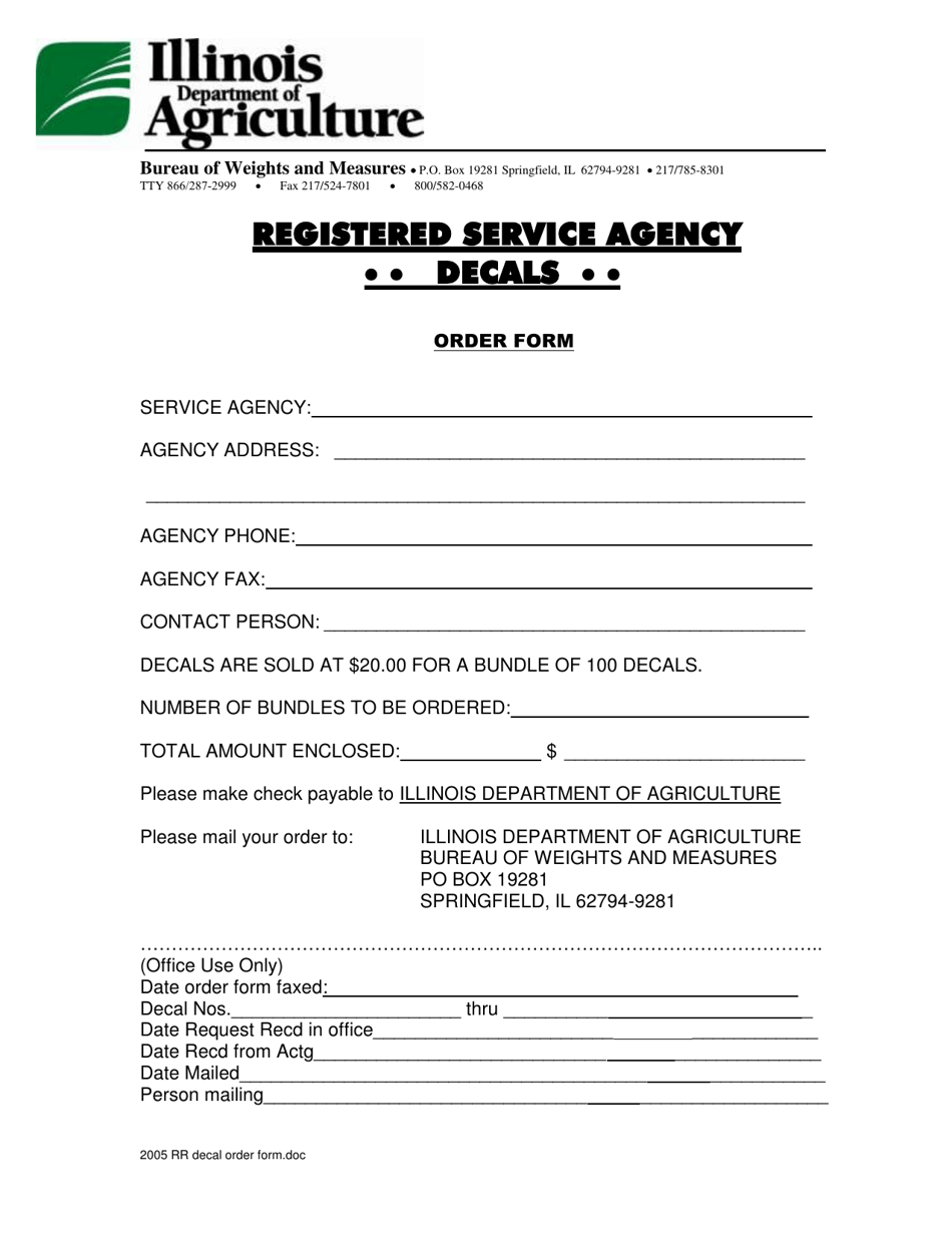 Registered Service Decals Order Form - Illinois, Page 1