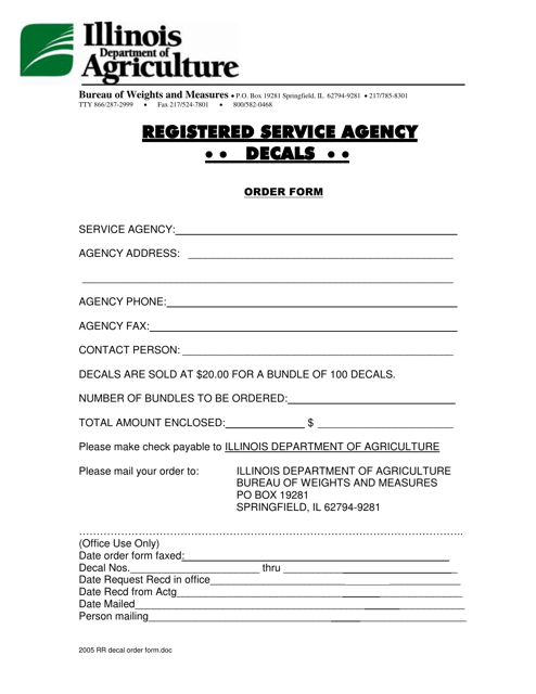 Registered Service Decals Order Form - Illinois Download Pdf