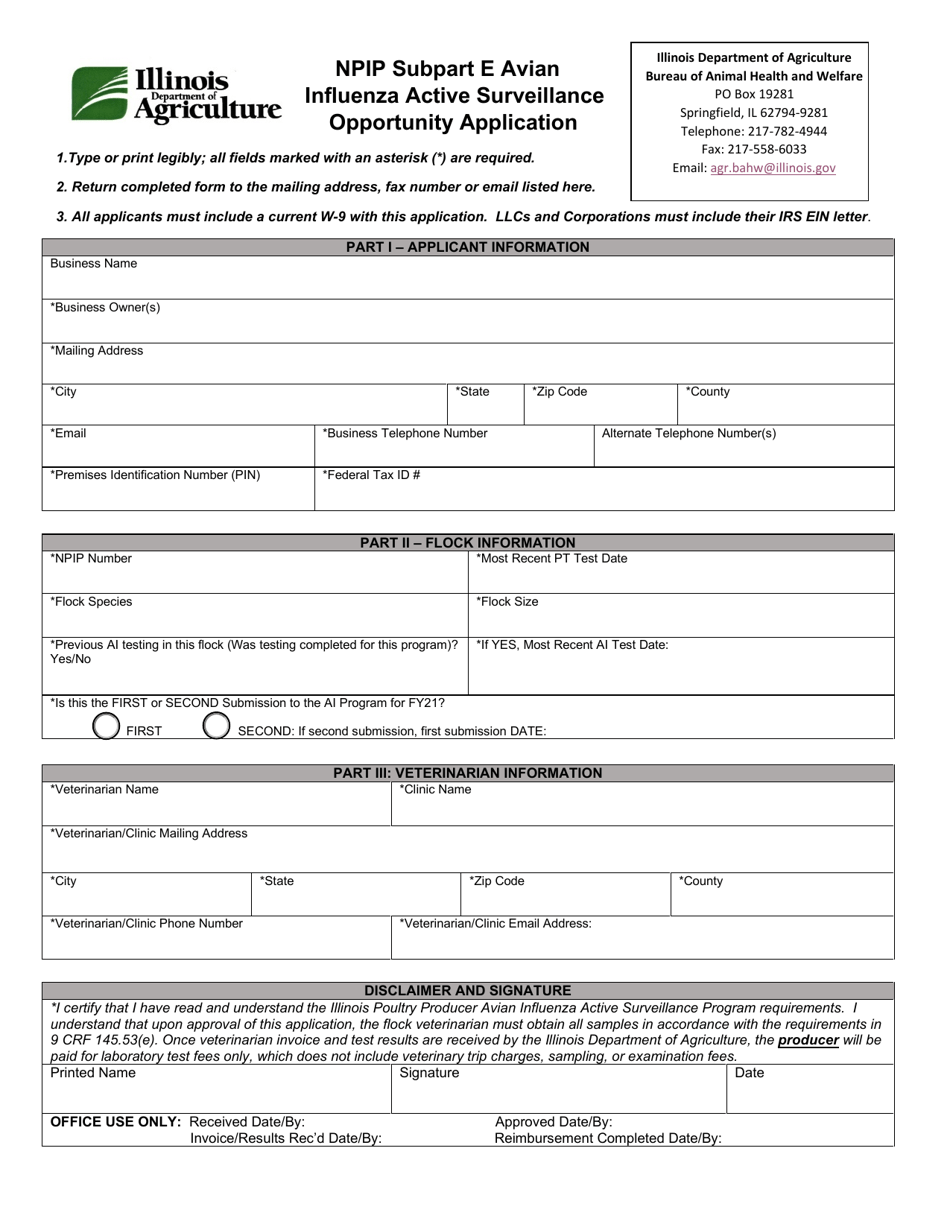 Npip Subpart E Avian Influenza Active Surveillance Opportunity Application - Illinois, Page 1