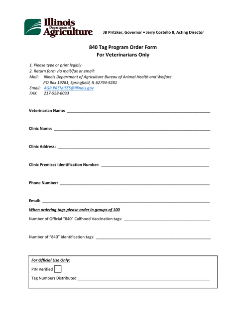 840 Tag Program Order Form - Illinois Download Pdf
