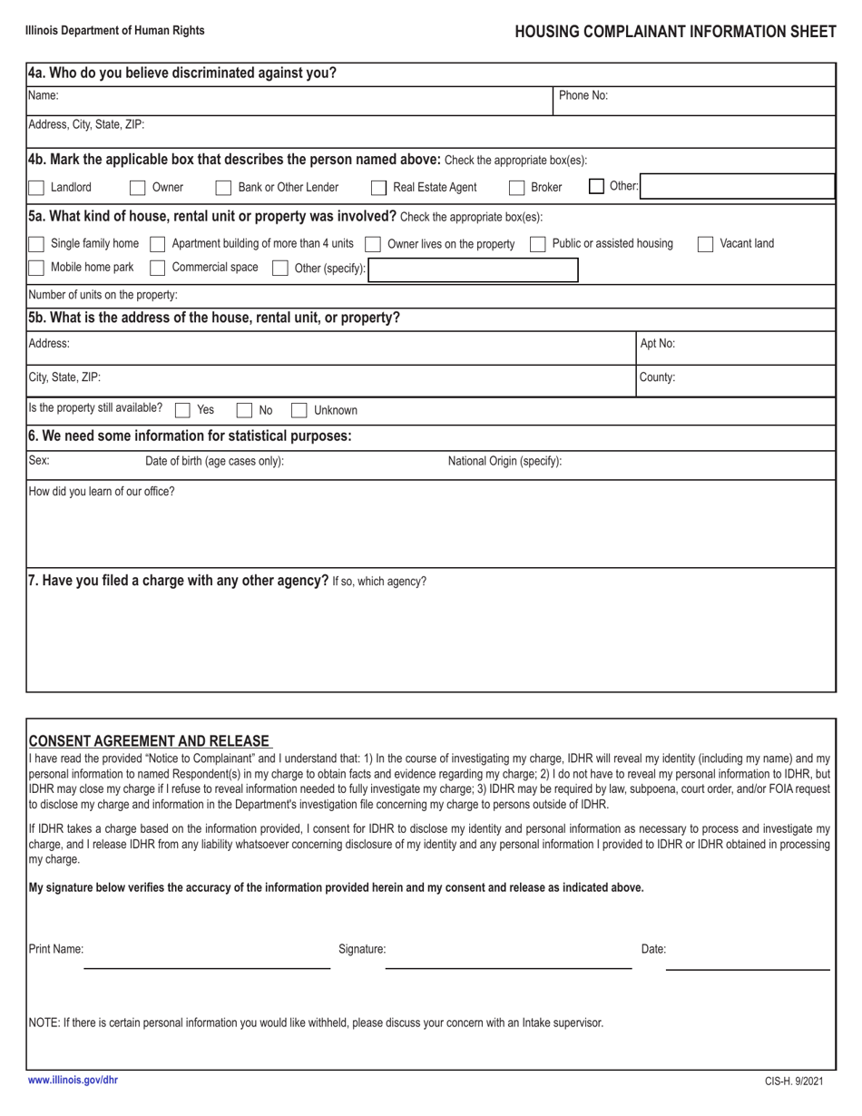 Form CIS-H Housing / Real Estate Transaction Complainant Information Sheet - Illinois, Page 2