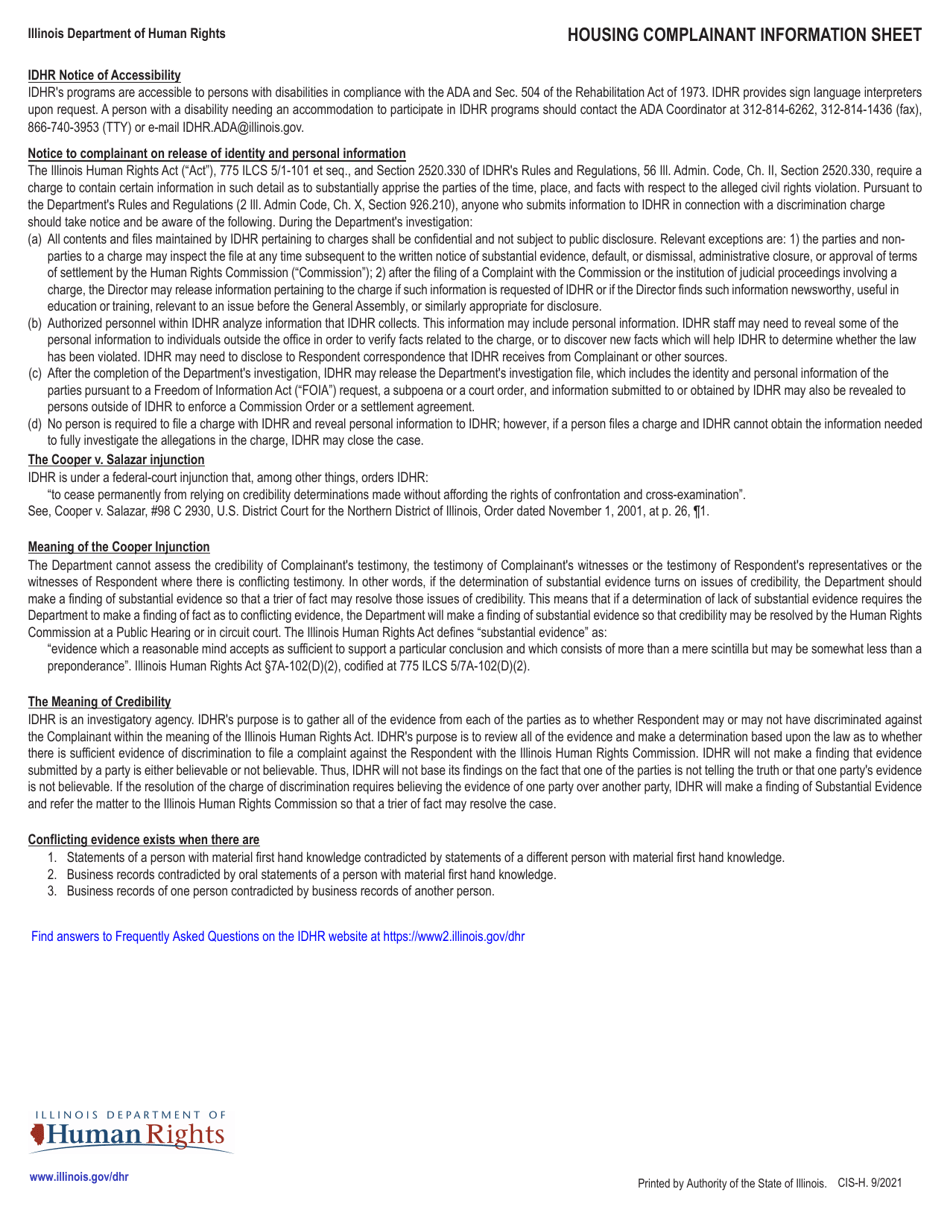 Form CIS-H Housing / Real Estate Transaction Complainant Information Sheet - Illinois, Page 3