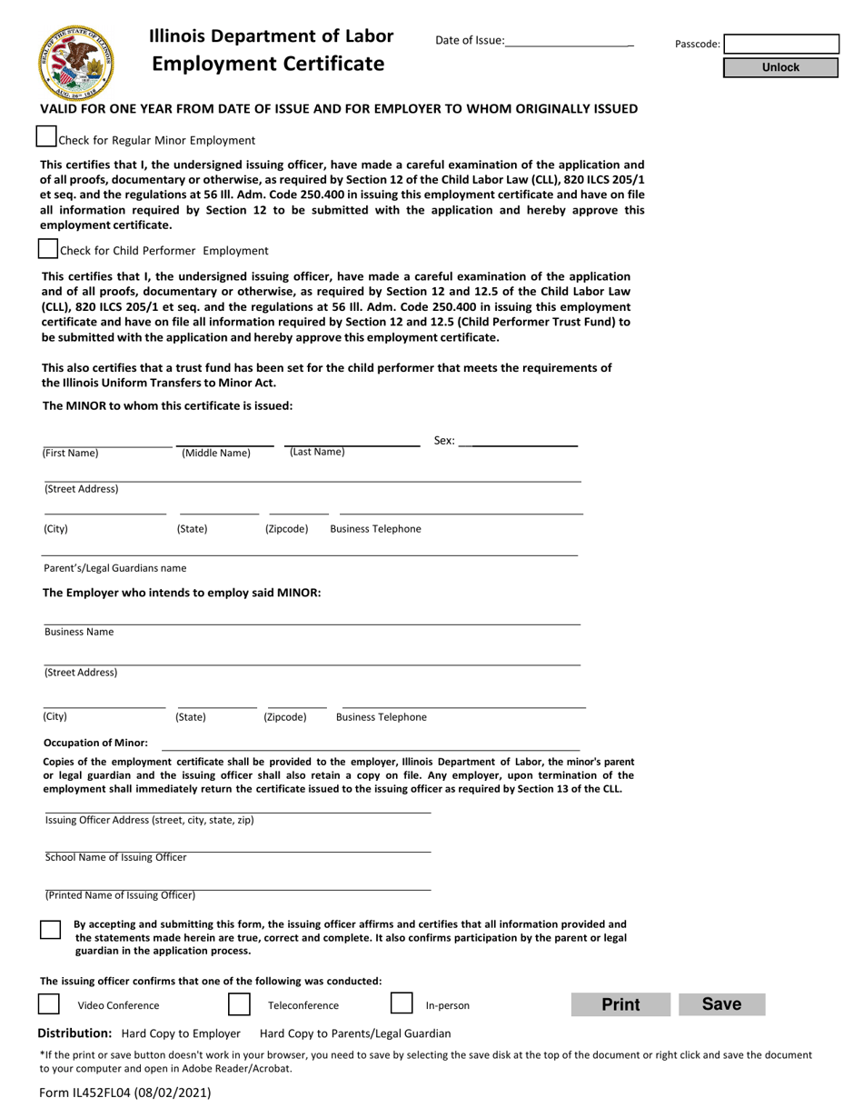 Form IL452FL04 Employment Certificate - Illinois, Page 1