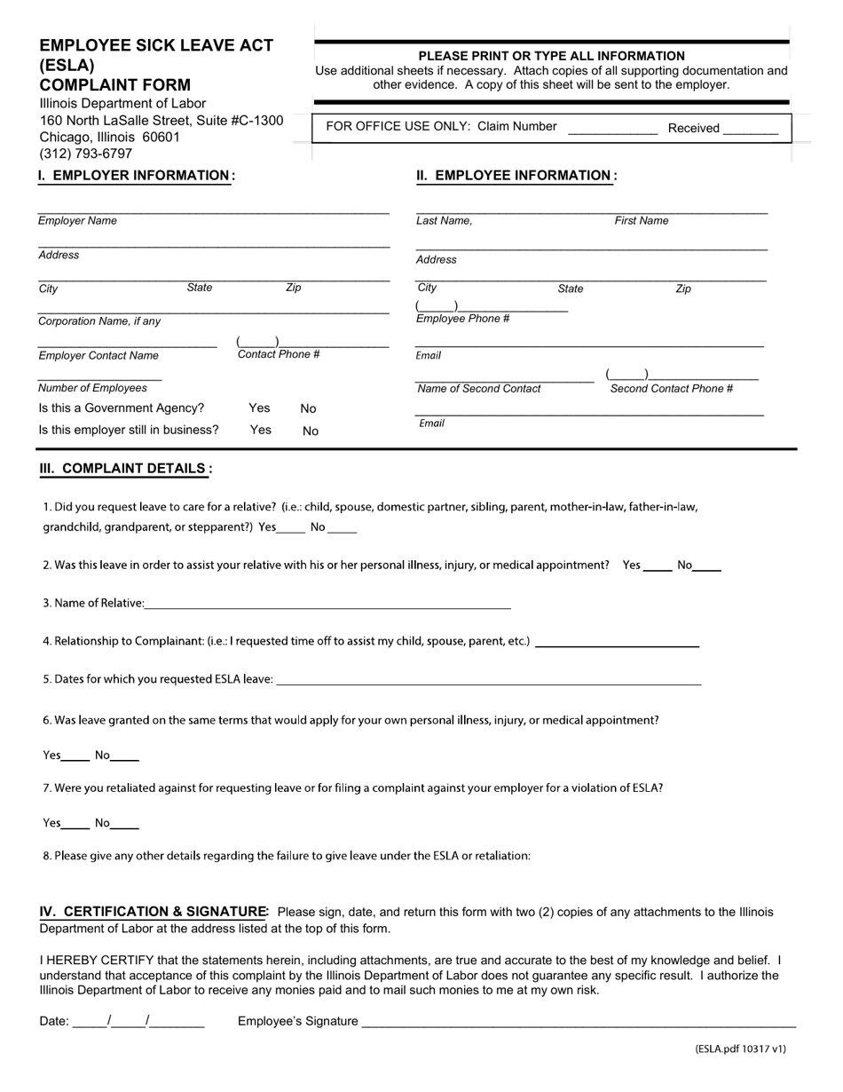 Employee Sick Leave Act (Esla) Complaint Form - Illinois, Page 1