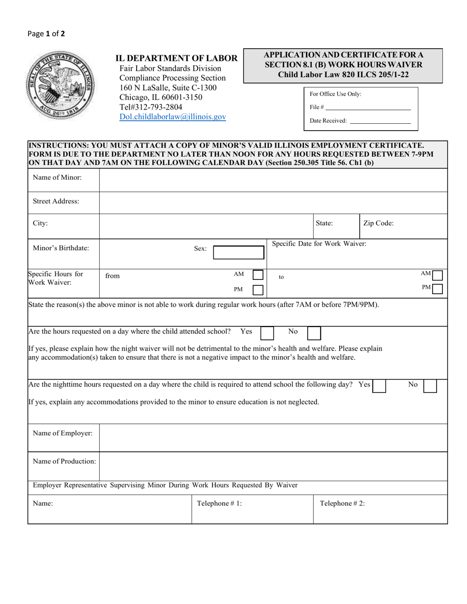 Application and Certificate for a Section 8.1 (B) Work Hours Waiver - Illinois, Page 1