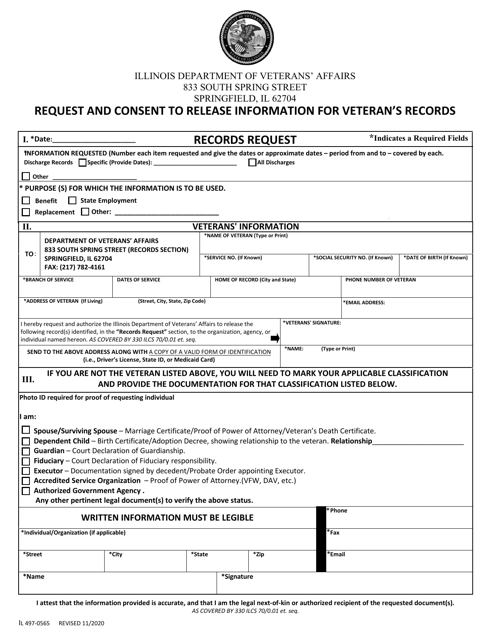 Form IL497-0565 Request and Consent to Release Information for Veteran's Records - Illinois