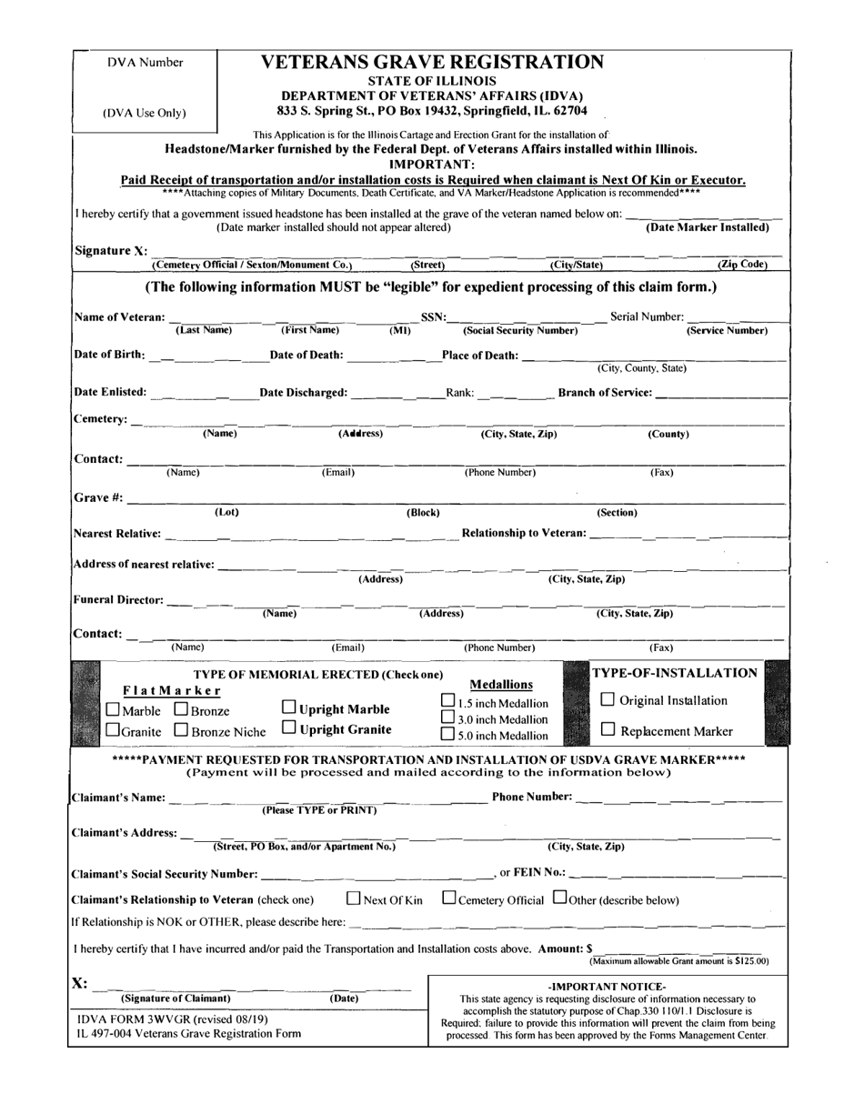DVA Form 3WVGR (IL497-004) Veterans Grave Registration - Illinois, Page 1