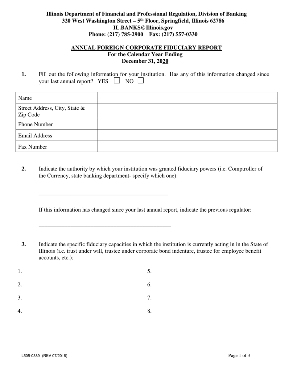 Form L505-0389 Annual Foreign Corporate Fiduciary Report - Illinois, Page 1