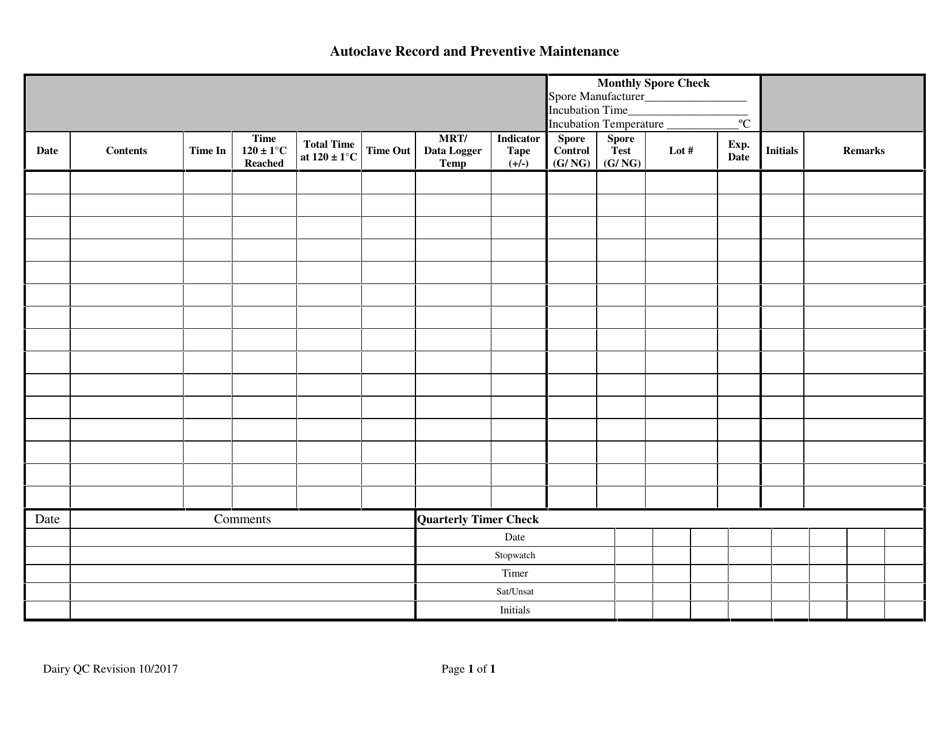 Illinois Autoclave Record and Preventive Maintenance Download Printable