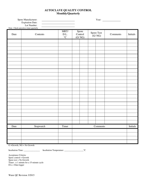 Autoclave Quality Control - Monthly / Quarterly - Illinois Download Pdf