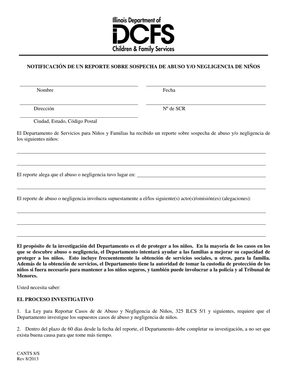 Formulario CANTS8 / S Notificacion De Un Reporte Sobre Sospecha De Abuso Y / O Negligencia De Ninos - Illinois (Spanish), Page 1