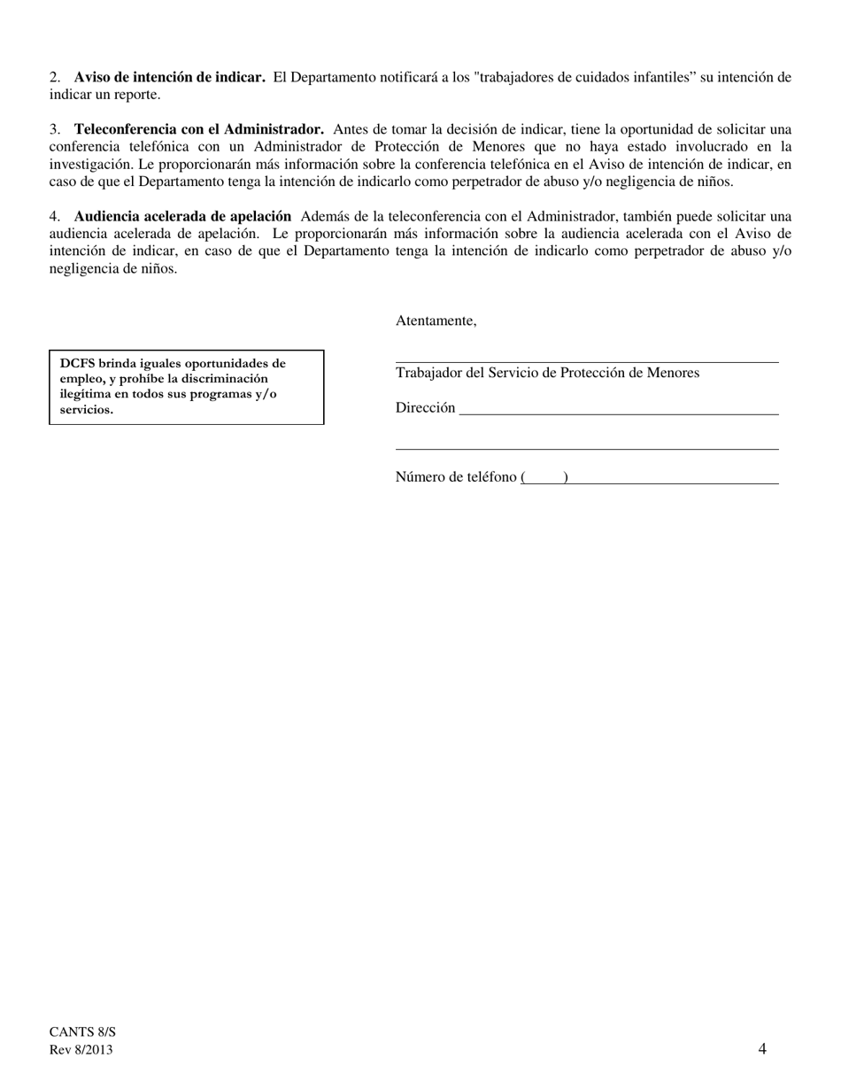 Formulario CANTS8 / S Notificacion De Un Reporte Sobre Sospecha De Abuso Y / O Negligencia De Ninos - Illinois (Spanish), Page 4
