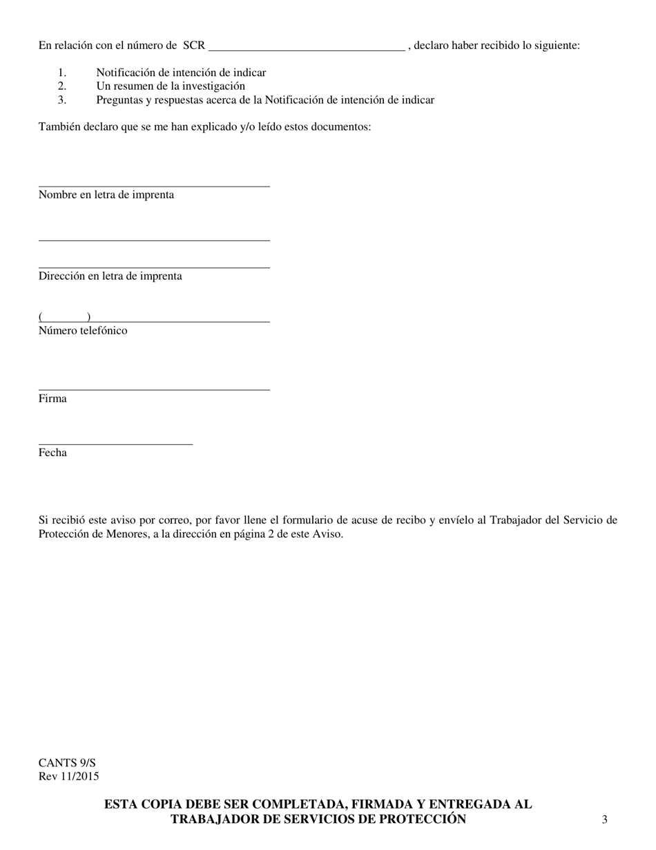 Formulario CANTS9 / S Notificacion De Intencion De Indicar a Un Trabajador De Cuidados Infantiles En Un Reporte De Abuso Y / O Negligencia De Ninos - Illinois (Spanish), Page 3
