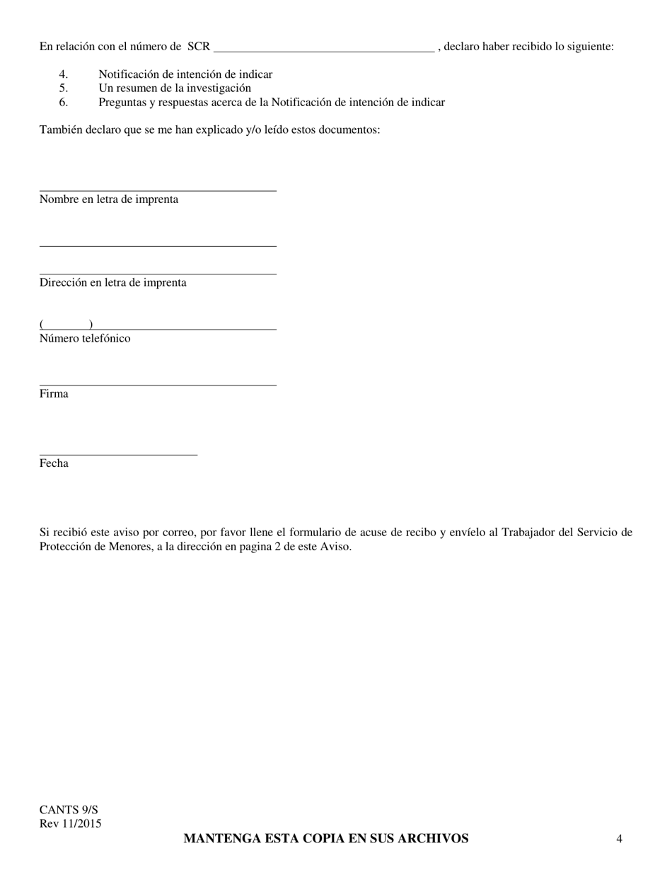 Formulario CANTS9 / S Notificacion De Intencion De Indicar a Un Trabajador De Cuidados Infantiles En Un Reporte De Abuso Y / O Negligencia De Ninos - Illinois (Spanish), Page 4