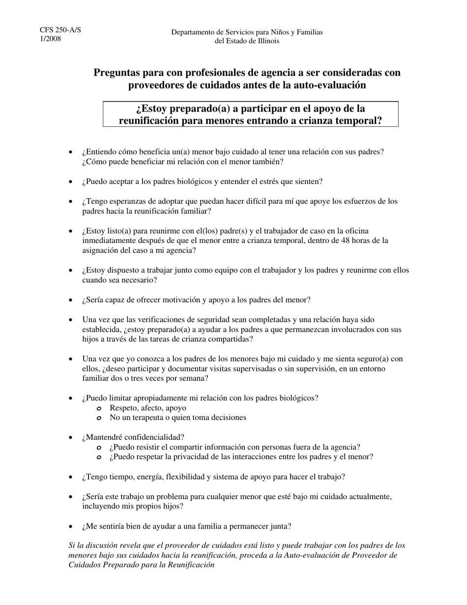 Formulario CFS250-A / S Auto-evaluacion De Proveedor De Cuidados Preparado Para La Reunificacion - Illinois (Spanish), Page 1