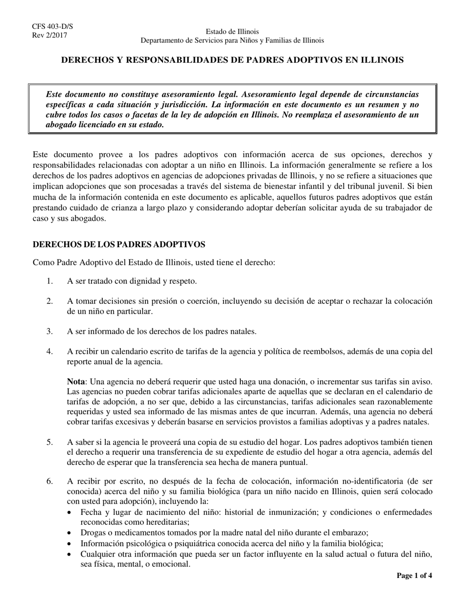 Formulario CFS403-D / S Derechos Y Responsabilidades De Padres Adoptivos En Illinois - Illinois (Spanish), Page 1