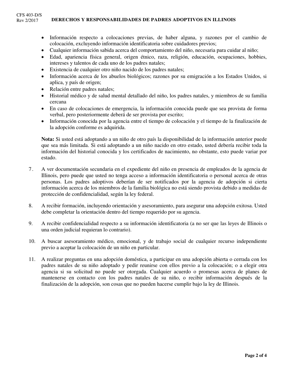 Formulario CFS403-D / S Derechos Y Responsabilidades De Padres Adoptivos En Illinois - Illinois (Spanish), Page 2