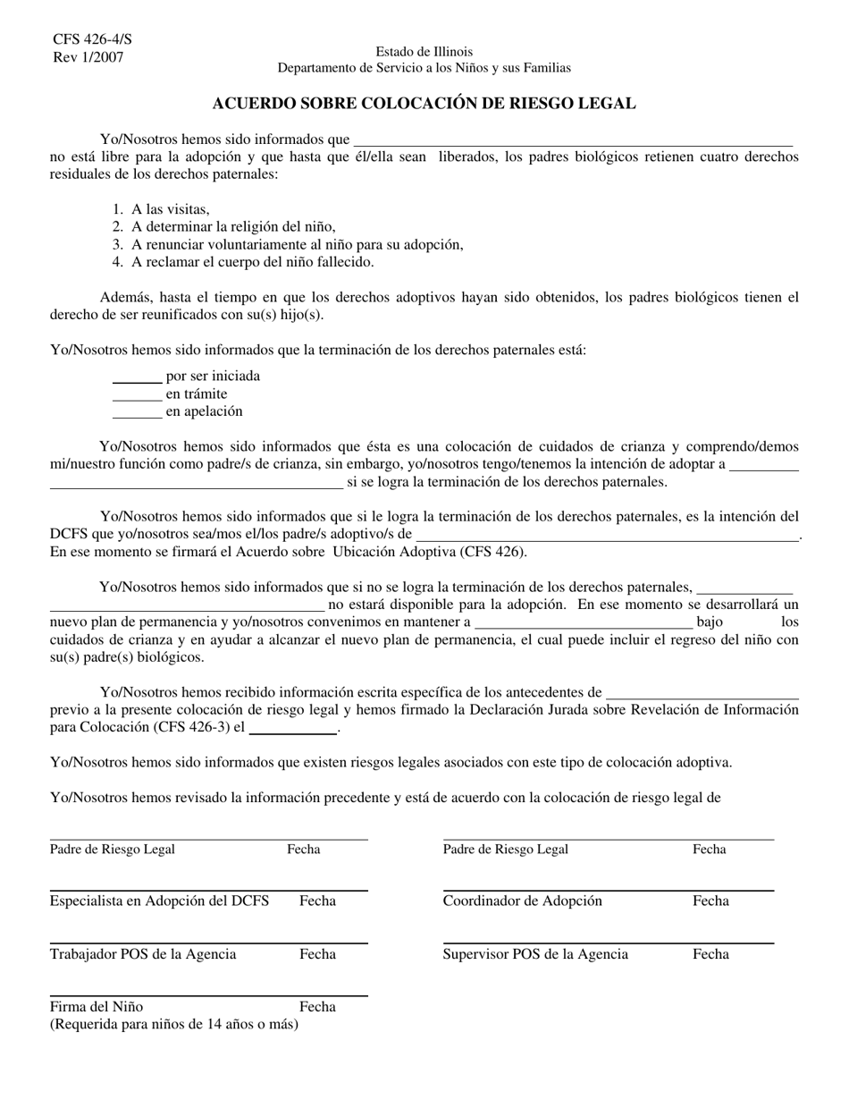 Formulario CFS426-4/S Acuerdo Sobre Colocacion De Riesgo Legal - Illinois (Spanish), Page 1