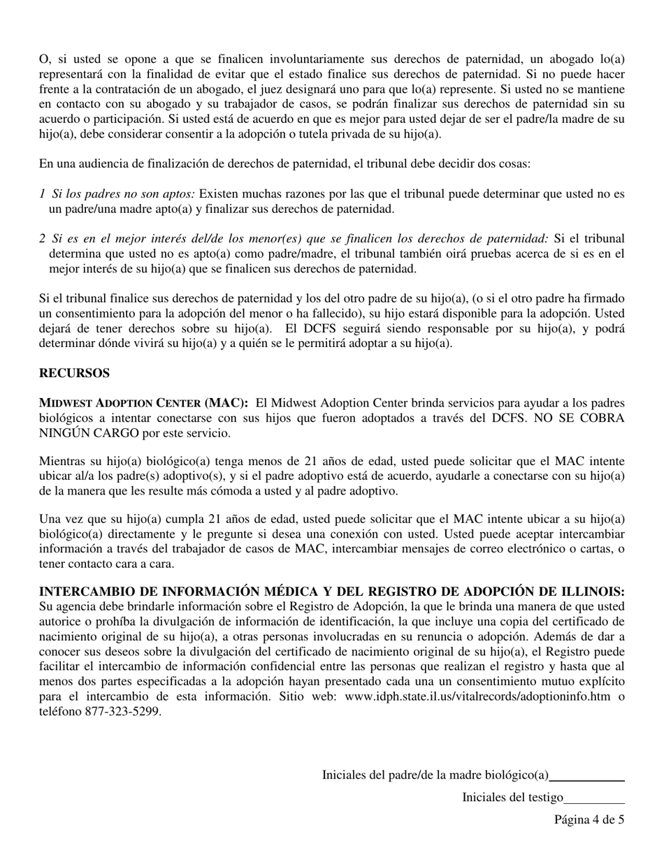 Formulario CFS403-C Derechos Y Responsabilidades De Los Padres Biologicos En Illinois Para Consentimientos Finales E Irrevocables Para La Adopcion Por Una O Mas Personas Especificada(S) - Casos Del Dcfs - Illinois (Spanish), Page 4