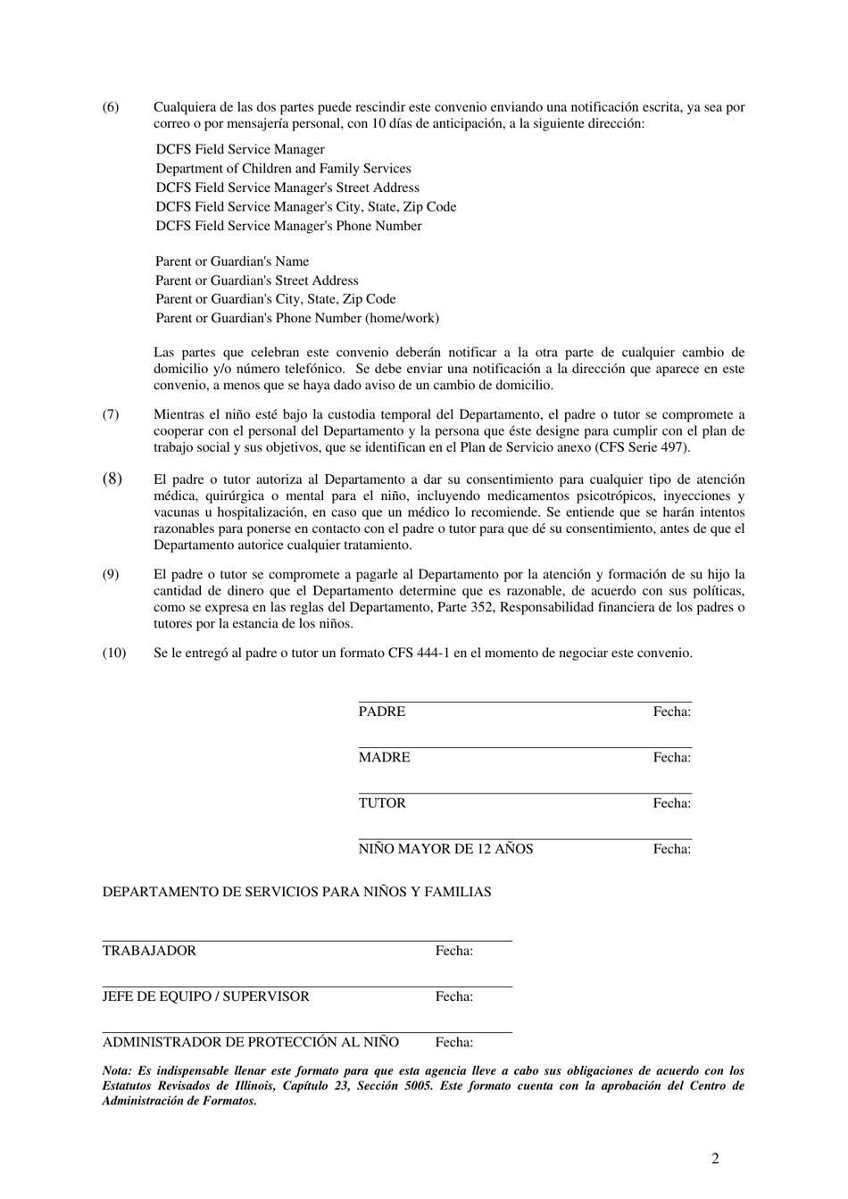 Formulario CFS444 / S Convenio De Colocacion Voluntaria - Illinois (Spanish), Page 2