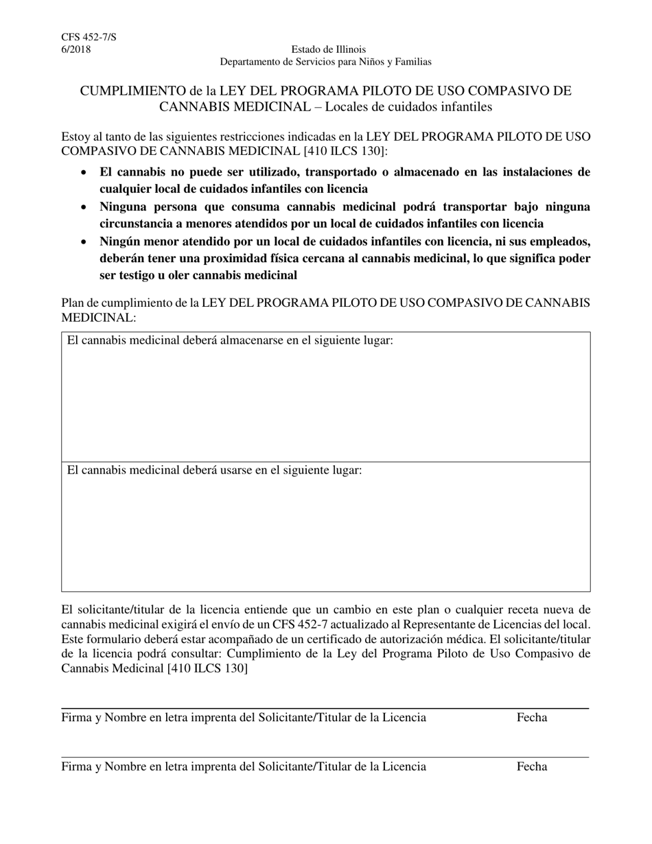 Formulario CFS452-7/S Cumplimiento De La Ley Del Programa Piloto De Uso Compasivo De Cannabis Medicinal - Locales De Cuidados Infantiles - Illinois (Spanish), Page 1