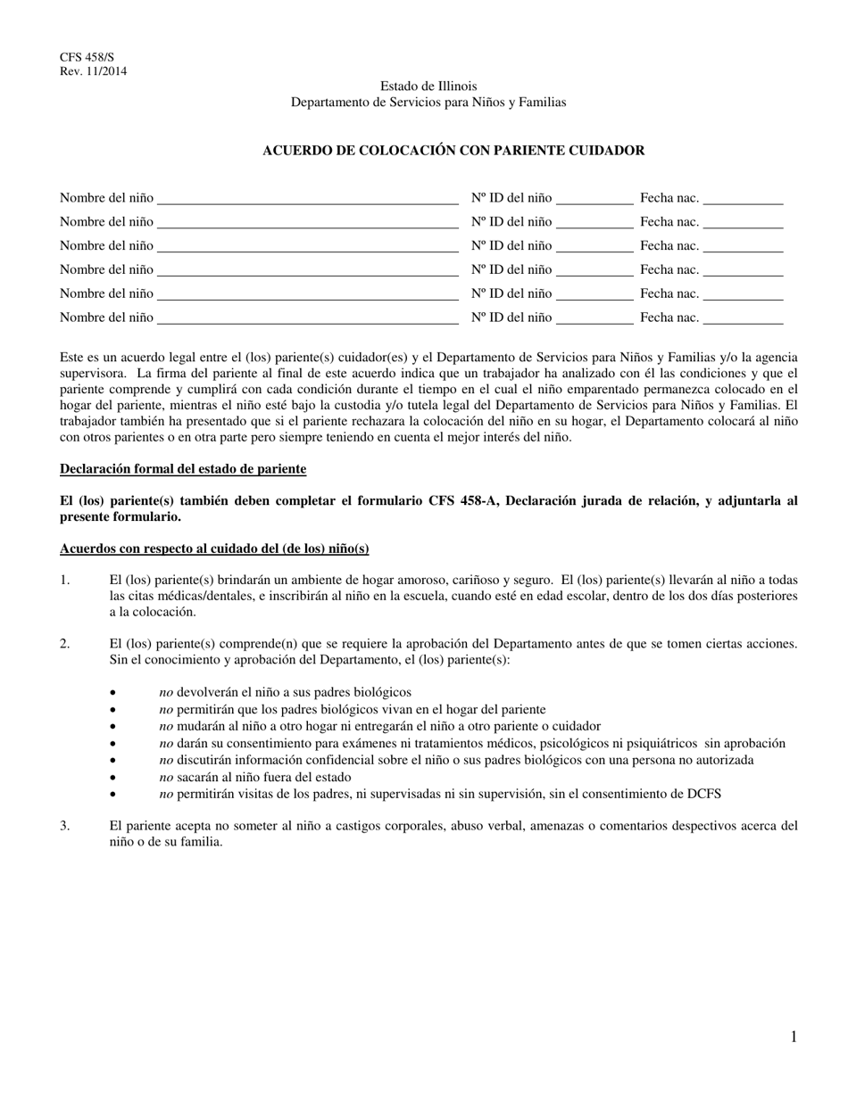 Formulario CFS458 / S Acuerdo De Colocacion Con Pariente Cuidador - Illinois (Spanish), Page 1