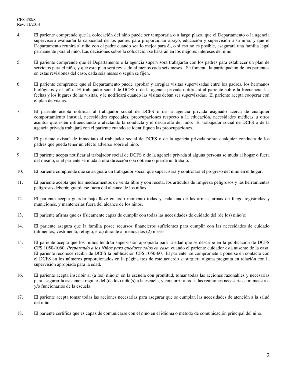Formulario CFS458 / S Acuerdo De Colocacion Con Pariente Cuidador - Illinois (Spanish), Page 2