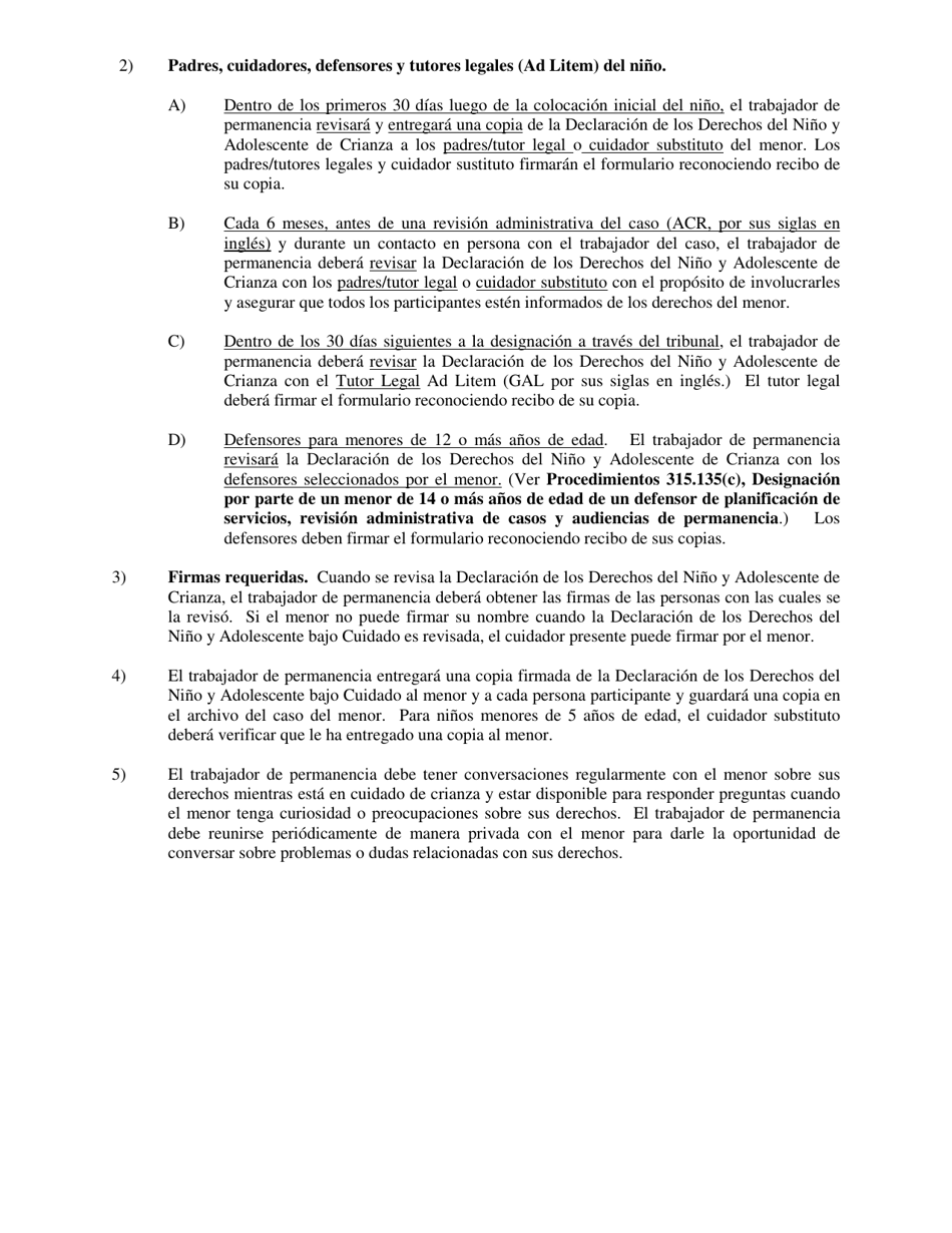 Formulario CFS496-1 / S Declaracion De Los Derechos Del Nino Y Adolescente De Crianza De Illinois - Illinois (Spanish), Page 2