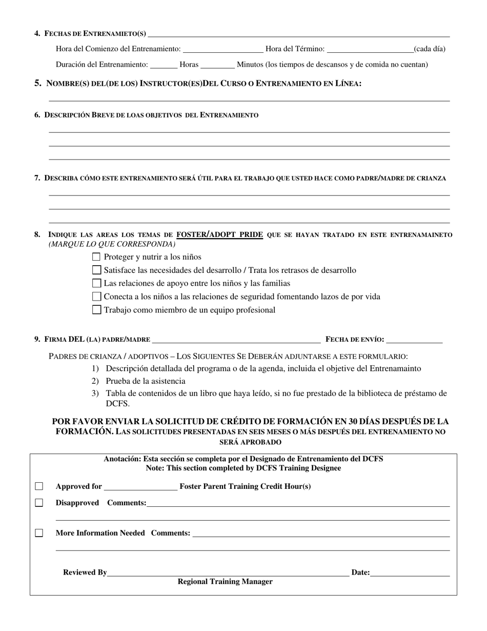 Formulario CFS574 / S Formulario De Aprobacion De Credito Por Entrenamiento De Padres De Crianza - Illinois (Spanish), Page 2