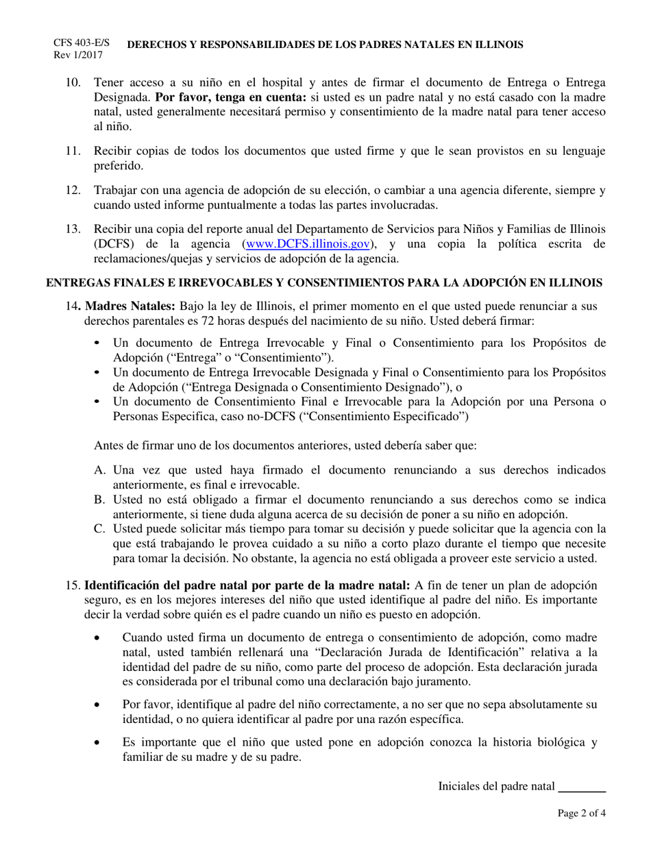 Formulario CFS403-E / S Derechos Y Responsabilidades De Los Padres Natales En Illinois - Illinois (Spanish), Page 2