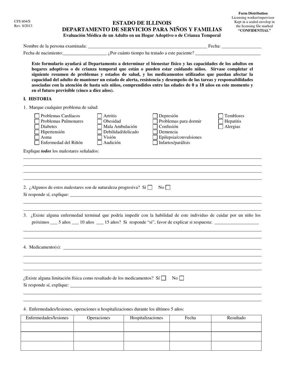 Formulario CFS604 / S Evaluacion Medica De Un Adulto En Un Hogar Adoptivo O De Crianza Temporal - Illinois (Spanish), Page 1