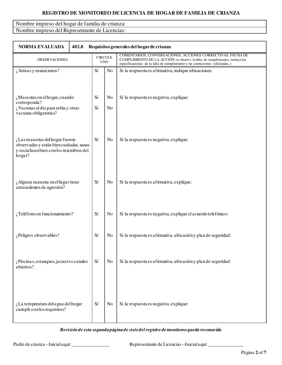 Formulario CFS597-FFH / S Registro De Monitoreo De Licencia De Hogar De Familia De Crianza - Illinois (Spanish), Page 2