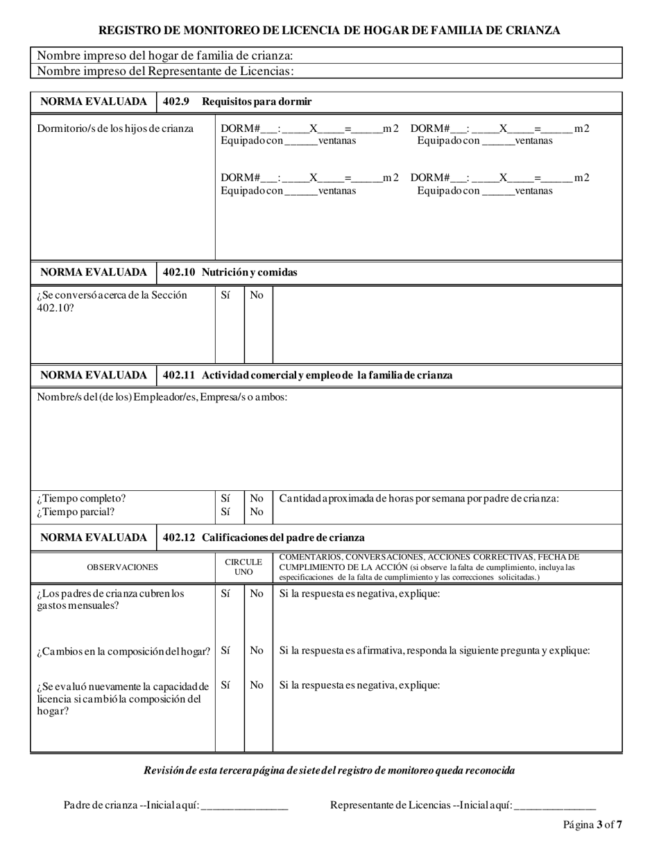Formulario CFS597-FFH / S Registro De Monitoreo De Licencia De Hogar De Familia De Crianza - Illinois (Spanish), Page 3